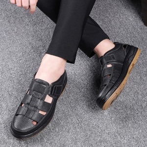 Sandales à brides croisées en cuir de vachette première couche, bout ouvert, semelle extérieure en caoutchouc, respirantes, chaussures décontractées d'été pour hommes - Product Image 3