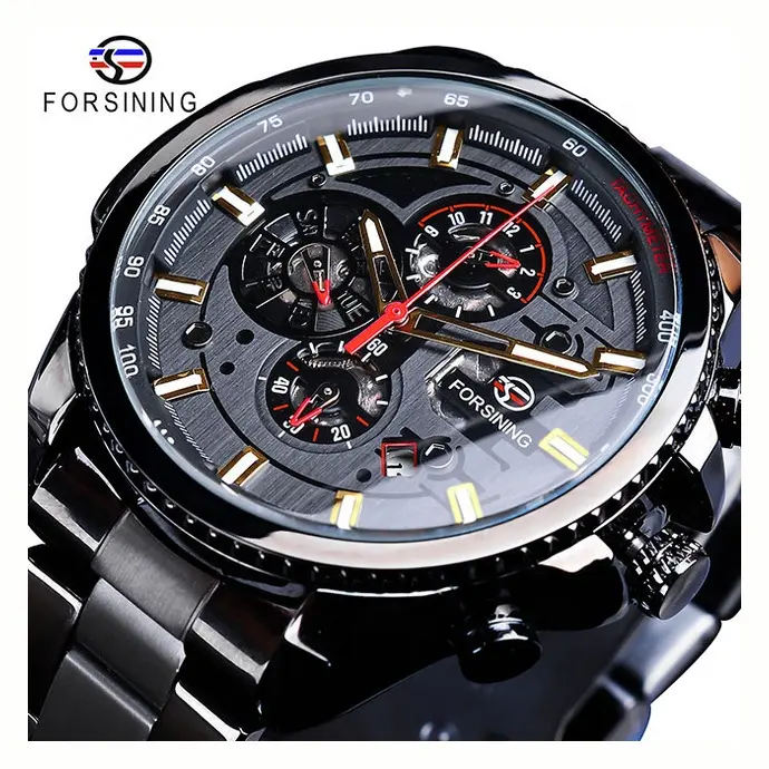 New Arrivival Luxury Forsining Watch Popular Sport Three Dial Calendar Display Stainless Steel Wrist Watches