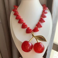 Overdreven grote kersen hanger feest sieraden handgemaakte kralen hart ketting hars fruit hanger ketting voor dagelijks gebruik