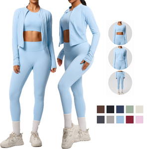 Ensemble de Yoga de sport trois pièces de haute qualité respirant motif solide haut à manches courtes pantalon de Fitness de course en plein air <span class=keywords><strong>avec</strong></span> poches - Product Image 1