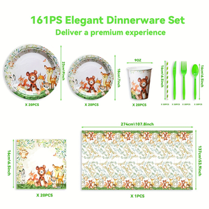 161 pièces 20 personnes <span class=keywords><strong>animaux</strong></span> Kit <span class=keywords><strong>de</strong></span> fête d'anniversaire thème forêt fête d'anniversaire <span class=keywords><strong>vaisselle</strong></span> enfants décoration ensembles bébé douche - Product Image 2