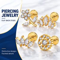 Piercings labret en titane ASTM F136 plaqué or 14 carats avec feuille florale en oxyde de zirconium et griffes, pour lèvre