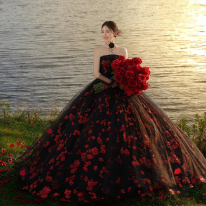 Strapless Black Ball Gown Tulle Floral Print Wedding Dress For Evening Banquet Stage Performance Emcee - Product Image 1