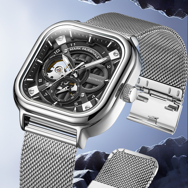 MARK FAIRWHALE Fashion Automatic Movement Mechanical Watch Waterproof Stainless Steel Square Shape Watches for Men FW-6014