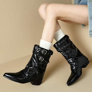 Bottines Western pour femmes à talons carrés moyens, pour pieds larges, grande taille 48, antidérapantes, à bout pointu, avec boucles de ceinture et superposition - Product Image 5
