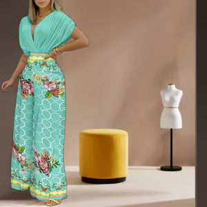 <span class=keywords><strong>Femmes</strong></span> nouvelle mode costume décontracté col en v haut pantalon à jambes larges coupe ample Collection d'été 2XL taille Station de commerce extérieur indépendante - Product Image 3