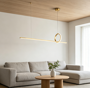 Lustre LED Géométrique Abstrait de Luxe, Suspension Minimaliste en Laiton Doré avec Anneaux et Lignes Entrelacés pour Îlot de Cuisine et Salle à Manger - Product Image 1