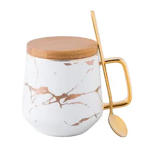 Mug porselen cangkir teh kopi keramik Souvenir pola marmer personalisasi dengan tutup kayu