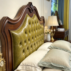 New Arrival Floral Carved Top Tufted Green Leather Upholstered Solid Wood Bed with 3 Drawer Nightstand - Product Image 3
