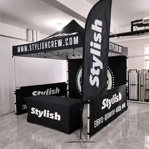 Sole di alta qualità custom 10x10 portatile in alluminio pop up trade show baldacchino gazebo per tenda con bandiera di piume