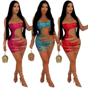 C13186 - trending sleeveless mesh transparent sequin o neck bodycon sexy women dress party