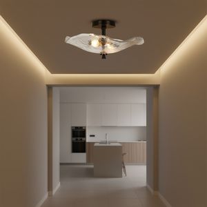 Ceiling <b>Light</b> Flush Mount Black Iron <b>Glass</b> <b>Shade</b> Water Ripple Design Indoor Outdoor Hallway Kitchen Bedroom Living Room - Product Image 2