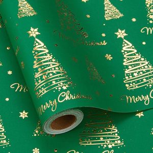 Rouleau de papier cadeau de Noël vert, arbres et lettres en relief 3D avec feuille d'or métallique brillante, emballage cadeau pour le Nouvel An - Product Image 1