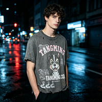 T-shirt court vintage déchiré à manches courtes pour homme, motif chien de dessin animé, bords effilochés, coupe décontractée, marque de mode urbaine personnalisée