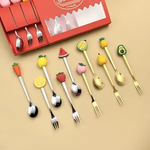 Cartoon 6pcs Christmas Cutlery Set Gold Silicone Spoons Stainless Steel Spoon And Fork Set With Gift Box