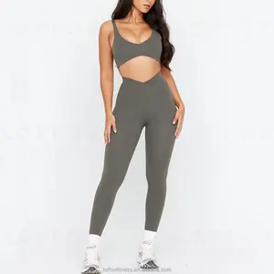 Individuelles gesticktes Logo Übergröße Aufdruck Nacken-Sport-Hals-BH V-Kreuz hohe Taille Fitnessstudio Legging Yoga Aktivbekleidung-Sets Damen