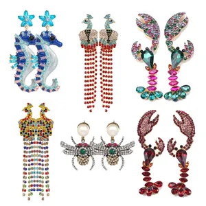 Fashion alloy acrylic Pearl diamond animal black seahorse crayfish Spider Peacock Long Tassel earrings women
