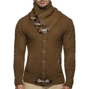 针织高领毛衣设计男式电缆针织花式修身纽扣开衫