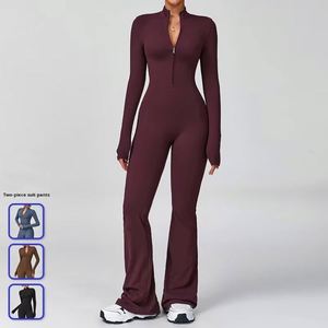 Mono deportivo de yoga para mujer con cremallera completa, manga larga, pantalón acampanado, color liso, para gimnasio y fitness - Product Image 2