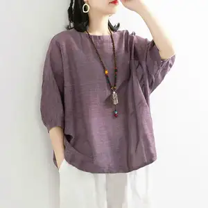 Summer Cotton Loose Large Size Casual Top Puff Sleeves Round Collar Women's T-shirt
