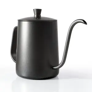 Vaso de café preto com tampa de aço inoxidável, pote manual de gotejamento com tampa, bico longo, para viagem, hotel