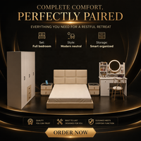 Suite de chambre à coucher moderne de luxe, lit moelleux blanc crème, ensemble 5 pièces, table de chevet intelligente à LED, matelas, lit king-size, grande armoire, dressing