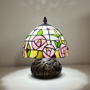 LongHuiJing Tiffany Style Mushroom Table Lamps 8Inch Stained Glass Lamp Pink Rose Flower Vintage <b>Light</b> for Living Room Home - Product Image 1