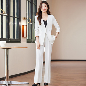 Women's White Suit Set Polyester Flared Trousers Office Lady Spring Anti-Wrinkle Three Quarter Sleeve - Product Image 1