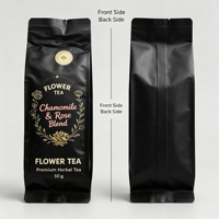 Sachet d'emballage souple en CPP noir mat, imprimé sur mesure, à huit soudures latérales, étanche, refermable, pour 50g de tisane de camomille et de rose