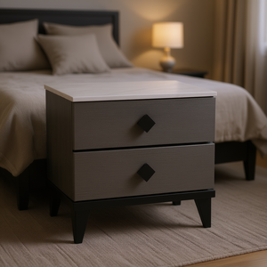 Comodino in Legno Bicolore con 2 Cassetti, Grigio Metallizzato, Arredamento Moderno per Camera da Letto Stile Mid-Century - Product Image 2