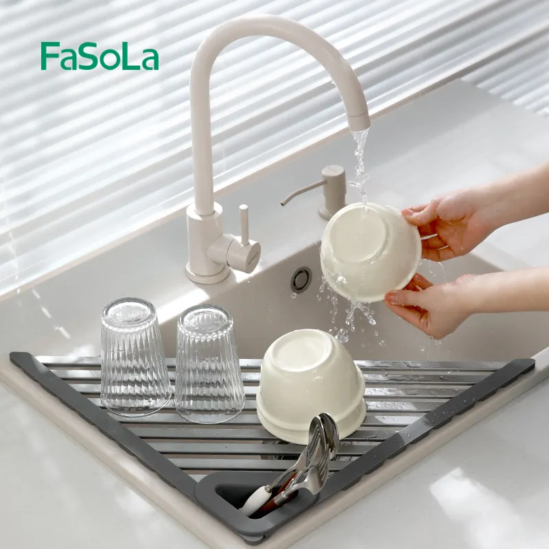 FaSoLa Triangle Roll Up Dish Drying Rack Over The Sink Dish Drying Rack Kitchen Rolling Dish Drainer Foldable Sink Rack Mat