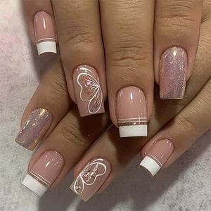 24 <span class=keywords><strong>faux</strong></span> <span class=keywords><strong>ongles</strong></span> roses 3D en forme de fleur, style français, carrés moyens, semi-artisanaux, à presser - Product Image 2