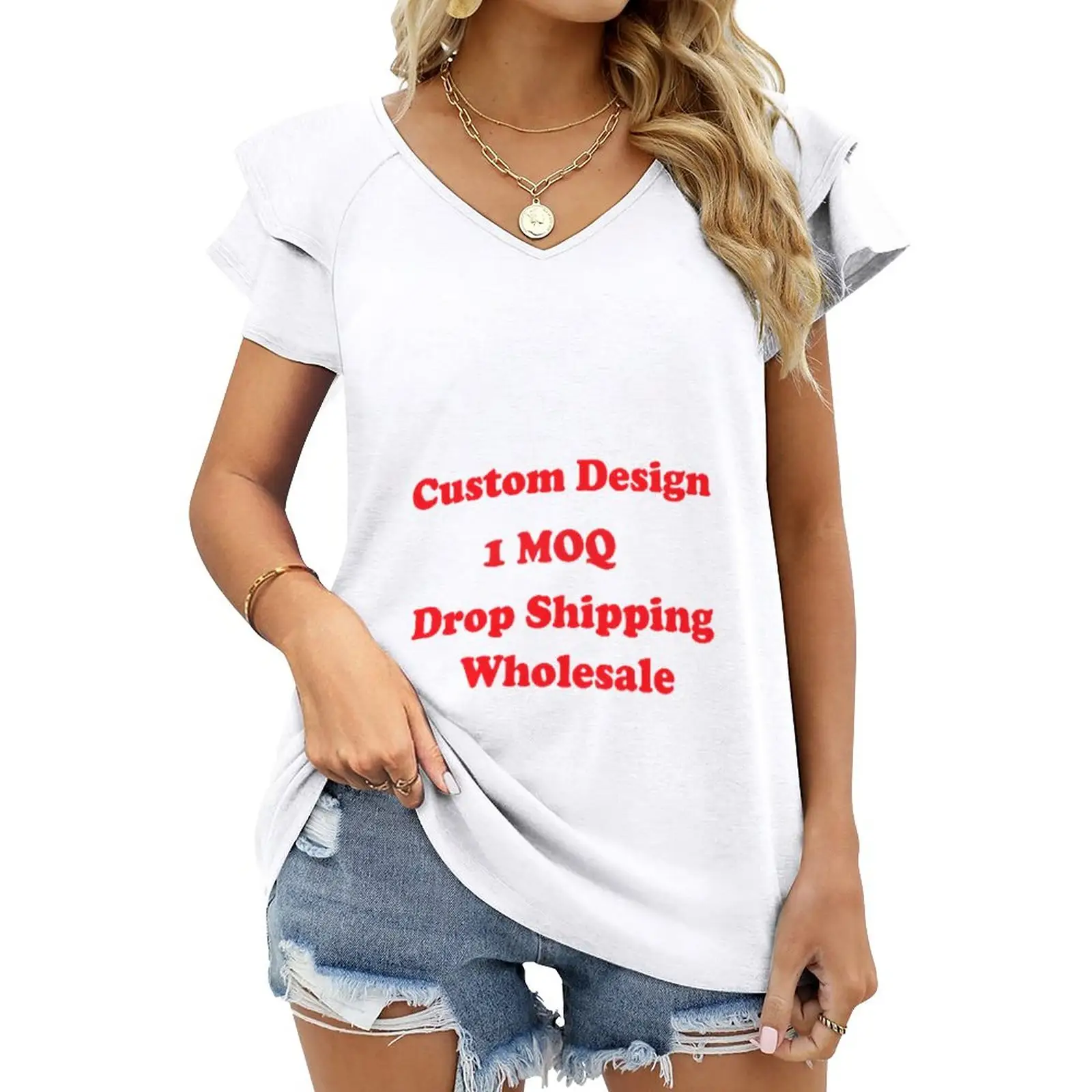 Peplum Korte Mouw V-Hals Dames T-Shirts Plus Size Print On Demand Custom Casual Losse Voor Lente 2023 Mode Dames Tops
