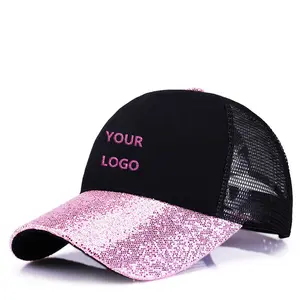 Özel 5 panel NY siyah pembe bling saten kaplı ağız trucker kadın şapka beyzbol kapaklar