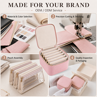 Boîte de rangement pour bijoux de voyage en cuir PU à prix réduit, vente en gros, avec 6 pochettes transparentes amovibles à fermeture éclair et doublure en velours doux