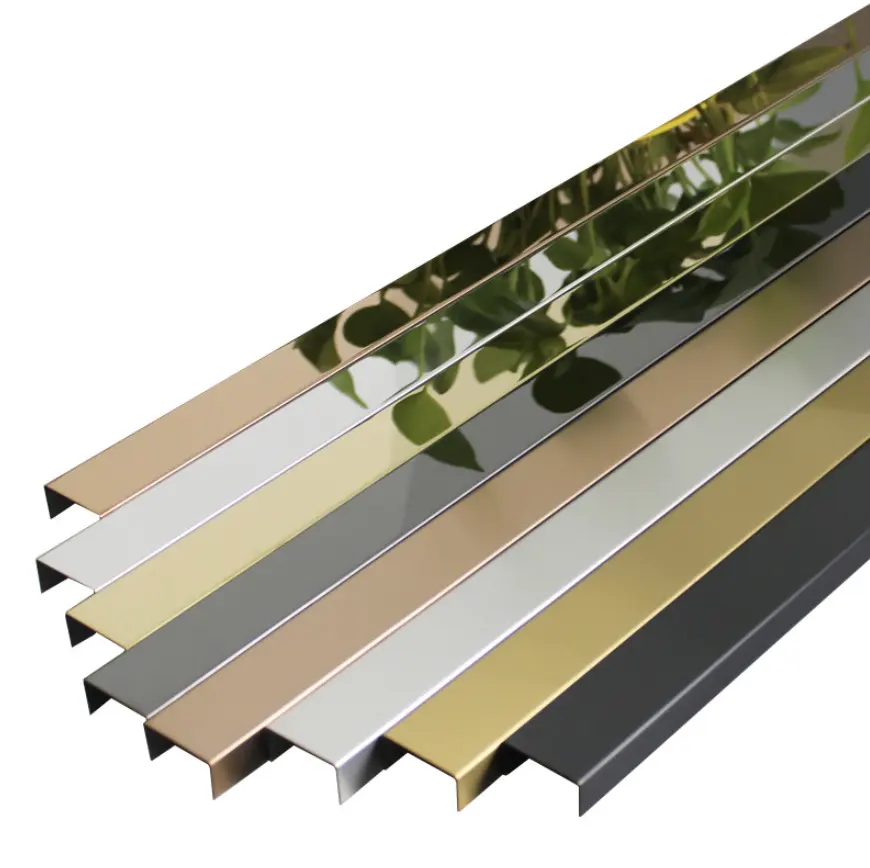 अनुकूलित आकार स्टेनलेस स्टील 10mm धातु सिरेमिक सोने के रंग यू टाइल ट्रिम सजावटी दर्पण स्ट्रिप्स
