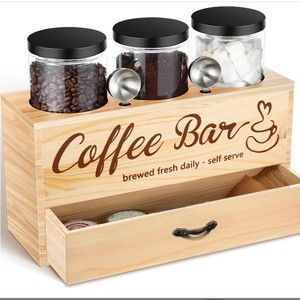 Caja de almacenamiento de madera para barra de café con tapa, cajón de 2 niveles para granos de café, azúcar, crema, organización de encimera de cocina - Product Image 5