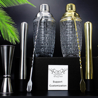 Shaker à cocktails en verre à motif quadrillé 380 ml, en acier inoxydable 18/8 durable avec passoire intégrée, outil de barman, shaker Martini Cobbler