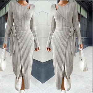 Frauen Temperament einfarbig Rundhals ausschnitt Langarm Taille Freizeit kleid - Product Image 3