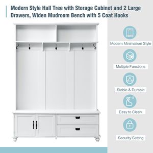 DB Modern Style ON-TREND Hall Tree with 5 Coat <b>Storage</b> Cabinet <b>2</b> Large <b>Drawers</b> Widen Mudroom Bench for Bedroom Application - Product Image 5