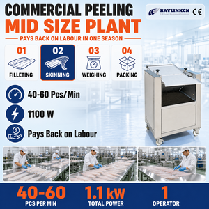 Fish Skinning Machine เชิงพาณิชย์ SUS304 40-60 ชิ้น/นาที สำหรับ ปลานิล ปลาสวาย ปลาแซลมอน โรงงานแปรรูปสัตว์น้ำ ลูกกลิ้งเกลียวคู่ - Product Image 1