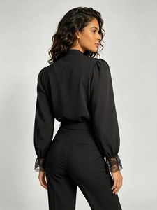 Women <b>Black</b> Lace Spliced Blouse, Stand Collar Bow Tie Lantern Long Sleeve <b>Sheer</b> Lace Panel <b>Shirt</b> - Product Image 2