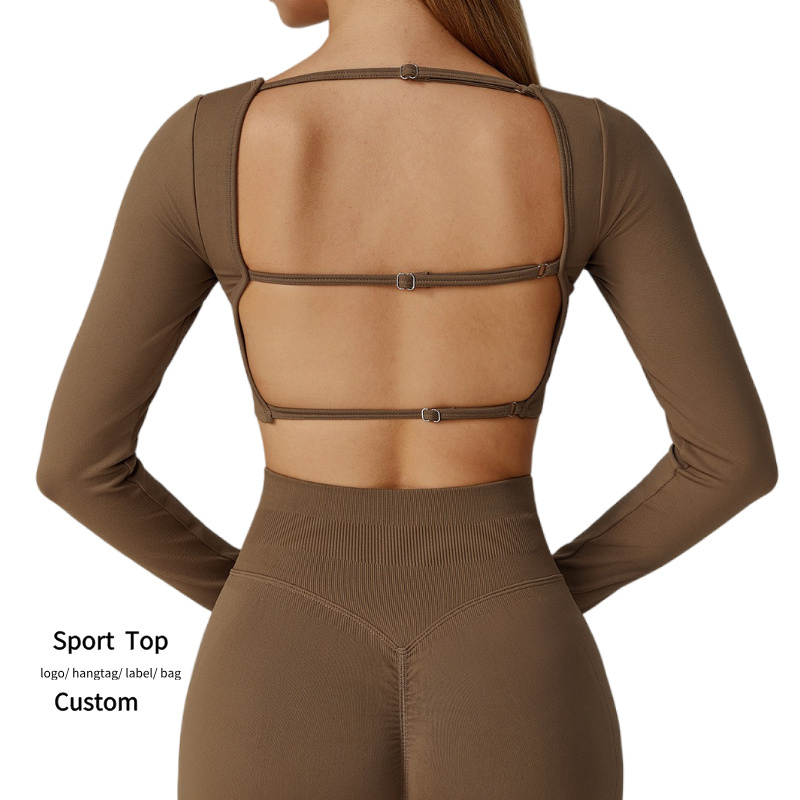 Long Sleeve Slim Fit Breathable Yoga Top Backless Square Neck Running T-shirt Custom Front Logo Soft Seamless Gym Crop Top Women