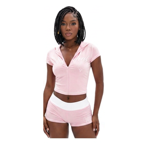 Set da <span class=keywords><strong>Donna</strong></span> 2 Pezzi con Logo <span class=keywords><strong>Classico</strong></span> di Gatto Stampato, Felpa con Zip a Maniche Corte e Pantaloncini con Bordi a Contrasto, Outfit Baddie - Product Image 5