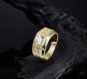 Men's Yellow <b>Gold</b> <b>Cocktail</b> <b>Ring</b> With Round Moissanite Center And Pave Side Stones Geometric Design Classic Style - Product Image 6