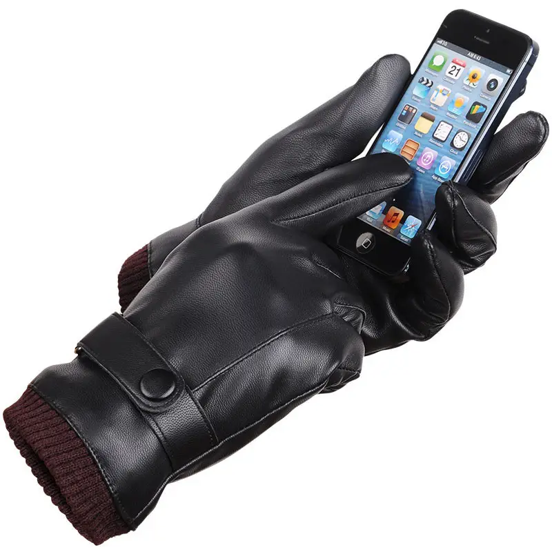 Black Winter Pu Touch Screen Gloves Waterproof Thermal Gloves Cycling Outdoor Leather Gloves Mittens For Men Women