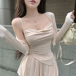 Women's Three Piece Set Beige Solid Color Chiffon Pleated Skirt Casual Suit Full Sleeve Top Outer Camisole Sun Protection - Product Image 1