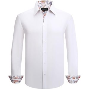 เสื้อเชิ้ตผู้ชายทรงปกติ ผ้าฝ้ายป๊อปลิน 100% กันยับ สไตล์ลำลองทางธุรกิจ สีขาว แต่งลายดอกไม้ด้านใน - Product Image 1