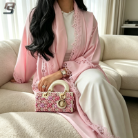 Abaya rose modeste personnalisée avec bordure en dentelle, Kaftan Dubaï, robe longue ouverte sur le devant pour femmes musulmanes