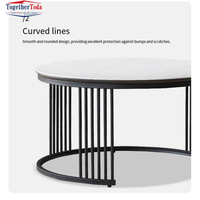 Tables basses gigognes rondes 2 pièces, plateau en faux marbre blanc avec base géométrique dorée, tables de salon gain de place